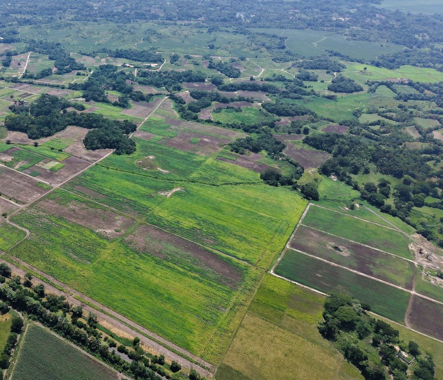 Vista aérea del terreno de La Prosperidad 2 Macrolotes en Tiquisate
